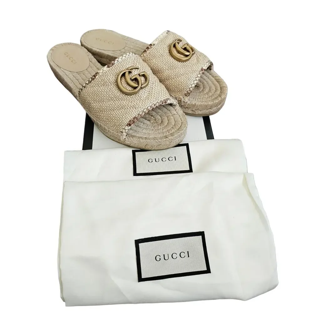 Gucci GG Marmont Raffia Espadrille Flat Slide Sandal Beige Brown 37.5 US 7.5 - Picture 7 of 12